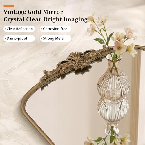 Besdomus Vintage Arched Gold Mirror: 32"x24" French Large Gold Vintage Wall Mirror - Baroque Traditional Ornate for Bedroom/Fireplace/Bathroom/Hallway - Ideal Gifts for Housewarming/Birthday - color: Brass Gold, size: 24"L x 32"W