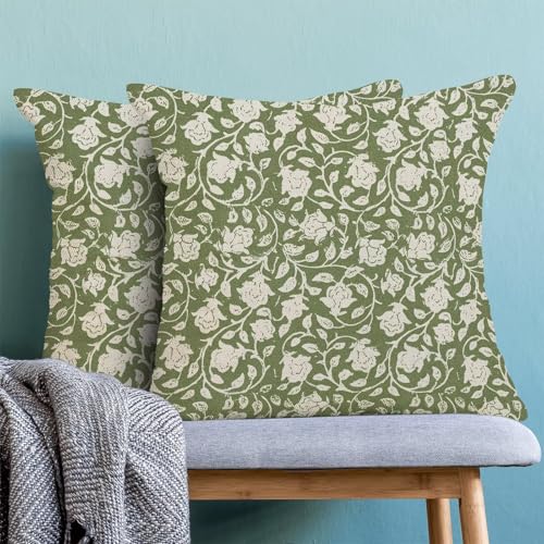 Sage Green Floral Throw Pillow Covers 18x18 Set of 2, Neutral Vintage Decorative Pillow Cover Flower Print Linen Outdoor Cushion Cover Floral Pillowcase for Sofa Couch Farmhouse Room - color: Floral Green, size: 18" x 18" (Pack of 2)