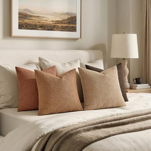 MIULEE Pack of 4 Decorative Textured Boucle Throw Pillow Covers 18x18 Inch Rustic Accent Solid Pillow Cases Soft Couch Cushion Covers for Modern Farmhouse Boho Chair Sofa Bed Livingroom Home Decor - color: Rustic, size: 18" x 18" (Pack of 4)