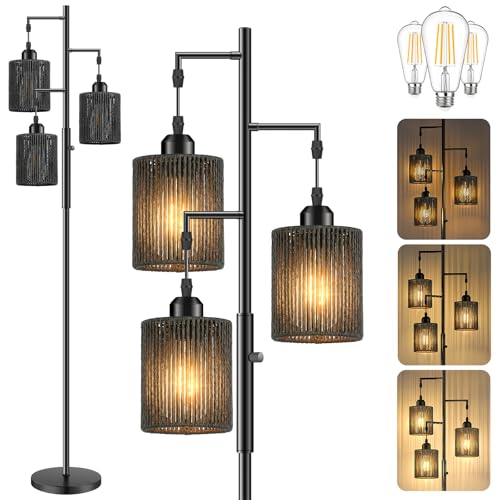 Hotsonic 72" Tall Boho Rattan Style Floor Lamp with Hand-Woven Paper Cord Shade, Dimmable Industrial Tree Standing Lamp for Living Room, Bedroom, Study Room, Office (3 x 800LM Bulbs Included) - Black - color: Black