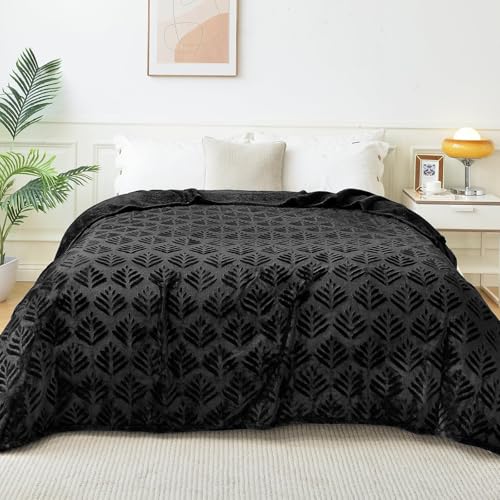 Exclusivo Mezcla King Size Fleece Blanket for Bed, Super Soft and Cozy Blankets All Season Use, Leaves Pattern, Plush Fuzzy Lightweight, Black, 90x104 Inch - color: Black, size: King(90"x104")