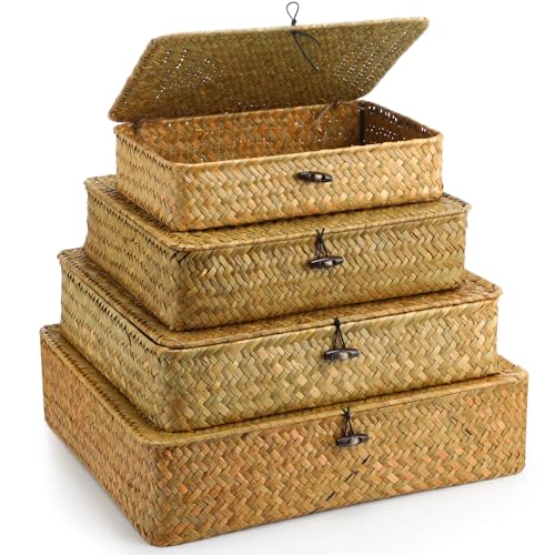 Didaey Set of 4 Seagrass Basket with Lid Wicker Storage Basket Decorative Storage Boxes with Lids Flat Storage Bins Woven Organizer Baskets for Shelf Closet Bedroom, 4 Sizes (Yellow) - color: Yellow