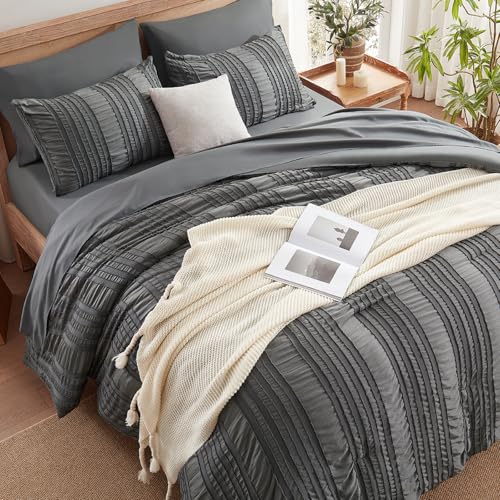 DHSFKBE Dark Grey Tufted Textured Comforter Set Queen Size, 7 Piece Bed in a Bag，Shabby Chic Boho Bedding for Bedroom Comforter，All Season Soft Microfiber Ruffle Comforter Set with Pillow and Sheets - color: Dark Grey, size: Queen