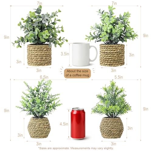 Small Fake Potted Plants: 9 Inches Artificial Plants with Seagrass Handwoven Planters, Indoor Farmhouse Decorations, Eucalyptus Plant for Home Bathroom Office Shelf Tabletop Desk Room Decor