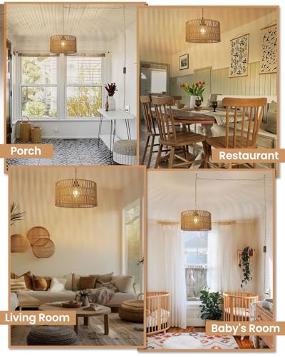 12.6 Inch Boho Hanging Light with Plug in Cord Rattan Hanging Lamp Hand Woven Rattan Wall Lightfor Bedroom, Living Room, Kitchen, Nursery, E26 Base, Indoor,Without Bulb - size: 12.60'' x 6.49''