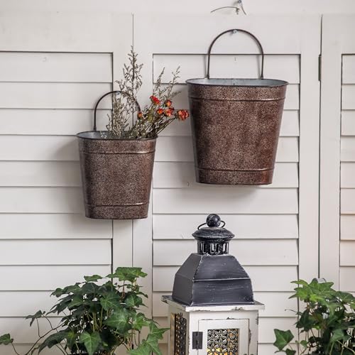 SOFE Set of 2 Vintage Oval Galvanized Wall Planter Basket - Decorative Hanging Wall Flower Pot - Farmhouse Garden Metal Wall Vase for Country Home Living Room