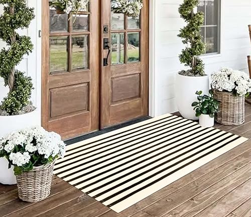 Striped Outdoor Rug 24"x51",Black and Beige Front Door Mat Cotton Woven Washable Farmhouse Layered Door Mats Throw Rugs for Porch/Bedroom/Home Entrance Decor - color: Beige Black, size: 2' x 4'3" (Rectangular)