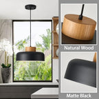 Modern Farmhouse Pendant Lights, 12.6 inch,Natural Wood Cap, Small Simple Ceiling Light Fixture for Kitchen Island, Dining Area, Matte Black - color: Black, size: 12.6 inches