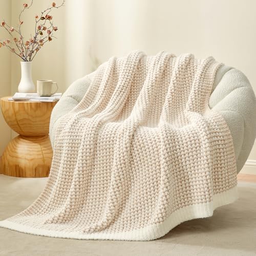 Snuggle Sac Cream Waffle Throw Blanket for Couch Bed Sofa 50x60 inches, Reversible Beige Blanket Microfiber Fluffy Fuzzy Cozy Knit Soft Throws for Women Mothers Birthday Gifts - color: Waffle Beige Cream, size: Throw(50"x60")