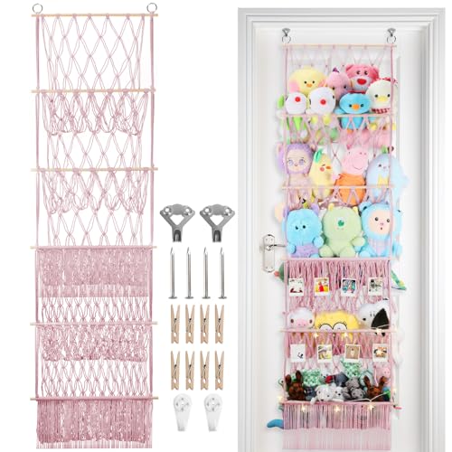 5 Tier Stuffed Animal Storage Shelf Net, 17x61 Inch Large Plushie Net w/LED Light & Clips for Mini Medium Stuffy Teddy, Pink Boho Macrame Wall Toy Holder Display for Nursery Kids Girls Boys - color: Light Pink, size: Large-5 Tier-17x61 Inch