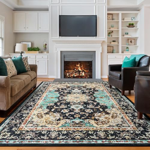 Amearea Vintage Design Black Area Rugs for Living Room, 4x6 Machine Washable Floral Collection Traditional Bedroom Rug, Low Pile Kids Room Carpet, No Slip Office Kitchen Home Decor, Black and Green - color: Black/Green, size: 4' X 6' (Rectangular)