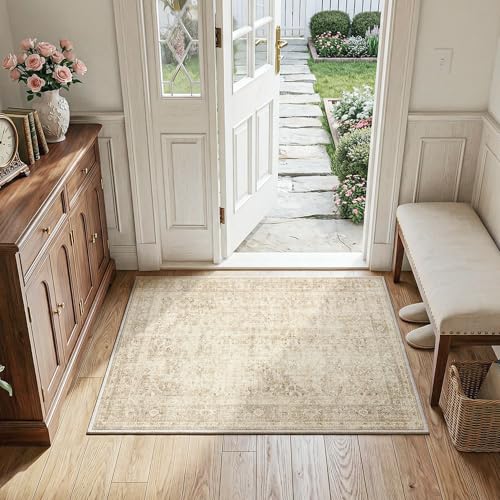 FMFUNCTEX Entryway Rug 2x3 Beige Washable Neutral Vintage Distressed Oriental Door Mat Non Slip Low Pile Indoor Carpet Soft Retro Small Throw Area Rugs for Entry Entrance Bedroom Kitchen Bathroom - color: Beige, size: 2' x 3' (Rectangular)