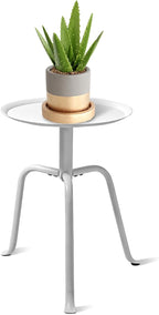 Plant Stand Indoor Outdoor, 11'' Round Black Mid Century Single Plant Table, 3-Leg Small Metal Plant Holders Flower Pot Stand, Modern Round Small Side End Table with Raised Design (White)