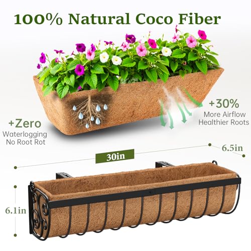 VOXOR Railing Planter Boxes, 30 Inch Window Boxes Planters, Balcony Planters with Adjustable Brackets & Coco Liner for Outdoor Fence, Deck, Porch, and Patio Gardening, 2 Pack - size: 30 Inch