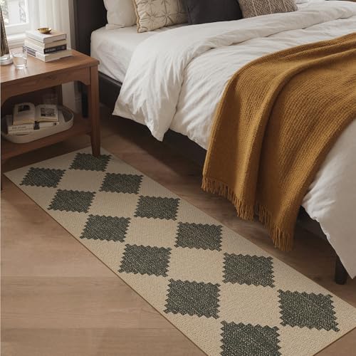 Bavni Checkered Easy Jute Rug,2x6 Runner Rug Machine Washable Non Slip Woven Plaid Carpet, Geometric Diamond Non Shedding Low Pile Modern Farmhouse Hallway Runner for Kitchen, Laundry, Corridor - color: Checkered-3, size: 2X6
