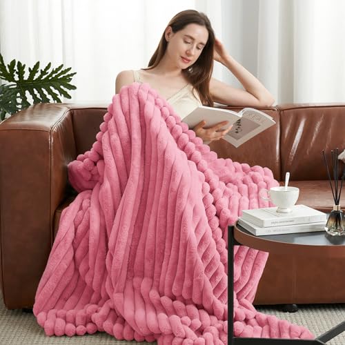 Amélie Home Faux Fur Throw Blanket for Couch, Cozy Fuzzy Fluffy Fur Luxurious Soft Striped Plush Gift Blankets for Family Sofa Chair Bedroom, 55"x70", Pink - color: Striped Hot Pink, size: Throw(55"x70")