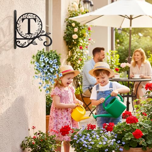 Metal Initial Letter T Plant Hanger Bracket, Decorative Wall Mount Hanging Plant Hook, Monogram Floral Leaf Garden Decor for Hanging Baskets, Bird Feeders, Lanterns, Wind Chimes - style: T