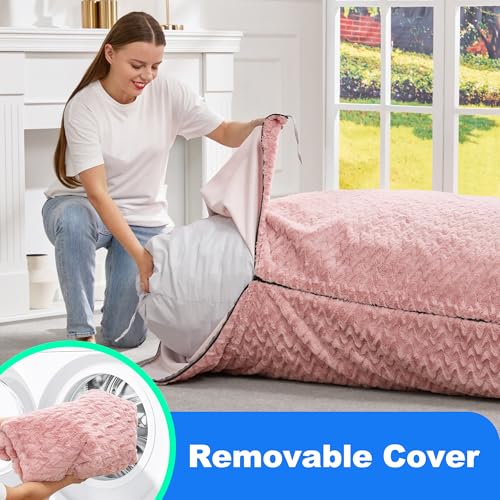 Hobestluk 3 in 1 Bean Bag Chair Giant Bean Bag Chairs for Adults with Chevron Plush Fur Cover Convertible Bean Bag Floor Cushion with Machine Washable Cover for Living Room (Chevron Plush Pink) - color: Rose Pink