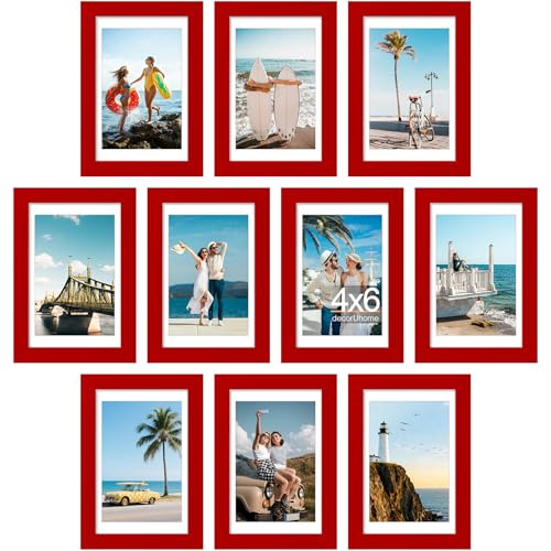 decorUhome 4x6 Picture Frame Set of 10, Display Photos 3.5x5 with Mat or 4x6 Unmatted for Picture Frames Collage Wall Decor, Red - color: Red, size: 4x6