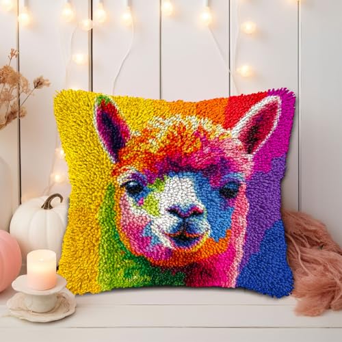 DIY Latch Hook Pillow Kits for Adults Rainbow Alpaca Printed Pillowcase Crochet Yarns Hooking Handmade Pillow Cover Cushion for Home Sofa Decoration 17x17inch-4 - color: 06-Rainbow Alpaca