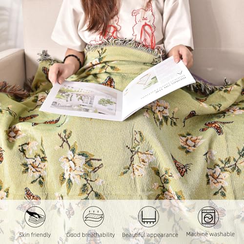 Pattern Throw Blanket for Couch, Throw for Bed, Outdoor Blanket, Retro Decor,51"×63" All Season Ultra Soft Butterfly Throw Blanket with Tassels for Sofa Chair, Green - color: Plum Blossom Butterfly Green01, size: 51"×63"