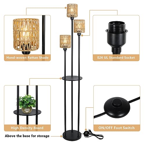 Boho Floor Lamp with Shelves, 3-Lights Farmhouse Tall Floor Lamp with ON/Off Foot Switch, Rustic Standing Lamp with Rattan Shades for Living Room Bedroom Office - style: Black-Rattan Shade