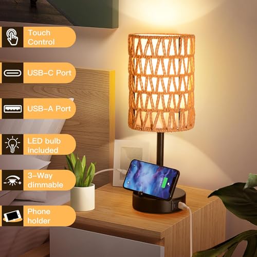 Rattan Table Lamps for Living Room, 3 Way Dimmable Touch Lamps, Small Bedside Lamps with LED Bulbs, Phone Stand, USB Ports and AC Outlet, Boho Nightstand Lamp for Kids Room, Bedroom, Office (2 Pack) - size: 2 Pack Rattan