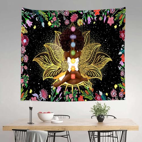 Ine Ive African Chakra Tapestry African American Woman Zen Meditation Poster Starry Sky Flower Garden Inspirational Afro Yoga Wall Art Tapestry for Bedroom Dorm Decor (60x60 inch) - size: 60x60 inch