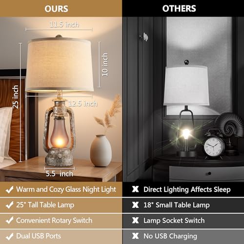 Farmhouse Rustic Table Lamps Set of 2, Iron Gray | Vintage Lantern Design, Dual USB Ports, 25 Inch Tall, 4 Bulbs Included - color: Iron Gray - 25'' Lantern Lamps