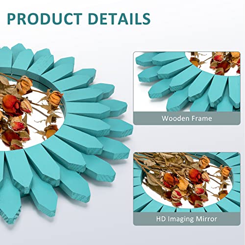 Honiway Beach Wall Decor Mirror 12 inch Wood Coastal Wall Decor Sunburst Boho Home Decor Room Decor for Bedroom Living Room Bathroom Cyan - color: Cyan, size: 12 inch (1 pack)