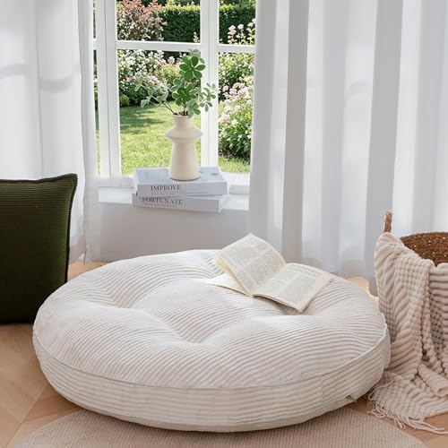 HIGOGOGO 35" Floor Pillow Cushion for Adults, Meditation Cushion Pillow, Extra Large Square Floor Sitting, Tufted Corduroy Cover for Tatami Living Room or Yoga, Beige - color: Beige, size: 4" Thick Round