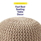 Pouf Ottoman Foot Rest Stuffed – 20” Diameter x 14” Tall Cozy Floor Pouf for Living Room, Bedroom, Nursery & More – 100% Cotton Knit Shell, EPS Bead Filled Footrest & Accent Chair, Taupe - color: Taupe