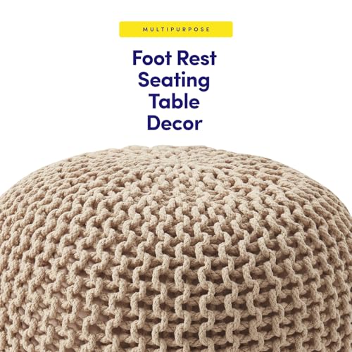 Pouf Ottoman Foot Rest Stuffed – 20” Diameter x 14” Tall Cozy Floor Pouf for Living Room, Bedroom, Nursery & More – 100% Cotton Knit Shell, EPS Bead Filled Footrest & Accent Chair, Taupe - color: Taupe