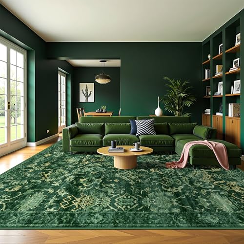 Deerly Dark Green Area Rugs 10x12 for Living Room Soft Non-Slip, Large Bedroom Rug Vintage Dining Room Rug Tribal Farmhouse Carpet for Dining Room Office Green - color: Dark Green, size: 10'x12'