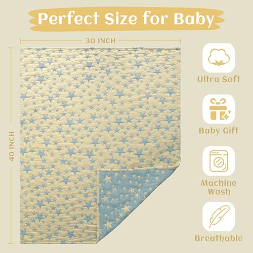 NTBAY 3 Layer Toddler Blanket, Muslin Cotton Jacquard Bed Blankets, Lightweight Thermal Baby Blanket, Super Soft and Warm Crib Blanket for All Seasons, Decoration Gift, 30"x40", Blue and Yellow Star - color: Blue and Yellow Star, size: 30x40 Inch (Pack of