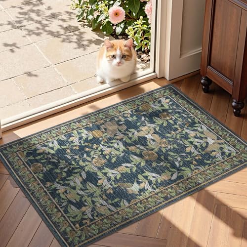 jinchan Eden Floral Area Rug 2x3 Entryway Vintage Washable Indoor Doormat Accent Rug Lightweight Soft Small Non-Slip Low Pile Distressed Blue Green Carpet for Entrance Kitchen Bedroom Bathroom - color: Eden Dark Blue, size: 2' x 3' (Rectangular)