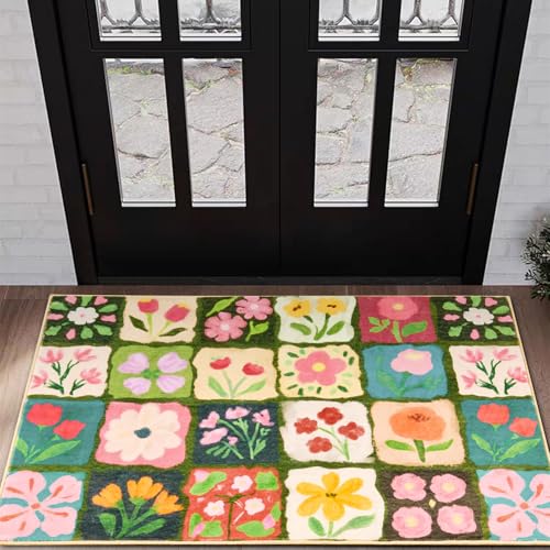 Vintage Floral Bathroom Rugs Non Slip, Thin Spring Country Colorful Flowers Botanical Indoor Doormat Washable, Cute Boho Aesthetic 2x3 Small Area Rugs for Kitchen Bedroom Laundry Entryway - color: Multicolored, size: 2‘x3'