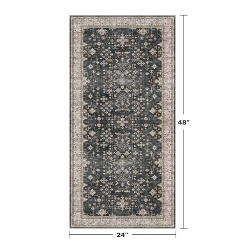 2x4 Entryway Runner Rugs, Small Runners for Kitchen, Door Mat Indoor Entrance, Bathroom, Non-Slip Low-Pile Washable Stain Resistant, Vintage Ashen Charcoal Floral Decor (Ashen/Multi) - color: Ashen / Multi, size: 2' x 4' (Rectangular)