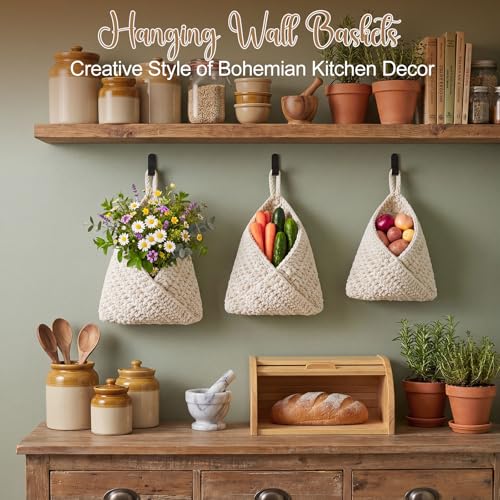Honeydak Boho Decor Hanging Wall Baskets for Kitchen 3 Pack Teardrop Baskets with Hooks Storage Fruit Onion Vegetable Potato for Home 3 Sizes (White,Triangle,Cotton Rope) - color: White, size: Cotton Rope, style: Triangle