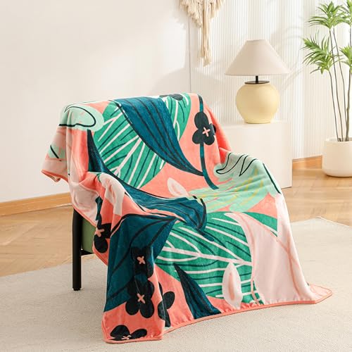 Tyrot Boho Floral Flannel Fleece Twin Blanket – Soft, Warm & Lightweight Fuzzy Blanket for Couch, Bed, or Sofa Decor, Cute Botanical Design Throw for Women & Girls, 60''x80', Coral - color: Coral Breeze, size: Twin(60''x80'')
