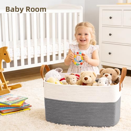 BOLDMONKEY 72L Laundry Basket with Leather Handles,Woven Cotton Rope Blanket Basket,Toy Bin for Baby Room,Laundry Hampers for Bedroom, Living Room,Bathroom,22"x17"x11.8" Gray - color: Gray, size: 72L