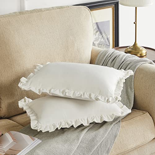 GIGIZAZA Velvet Cream 12x20 Lumbar Pillow Covers, Set of 2 Decorative Ruffle Ivory Cushoin Pillow Covers for Sofa Couch - color: Ivory, size: 20" x 12" (Pack of 2)