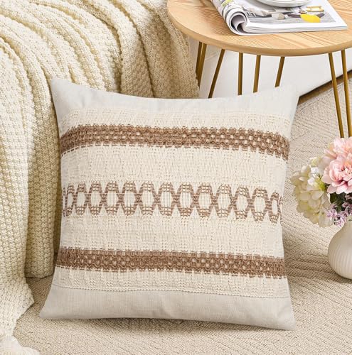 Pyonic Pack of 2 Boho Throw Pillow Covers 18x18 Inch Farmhouse Decorative Throw Pillows for Bed Sofa Living Room,Gray Modern Cushion Cover Couch Pillows Cover Home Decor - color: Beige+white