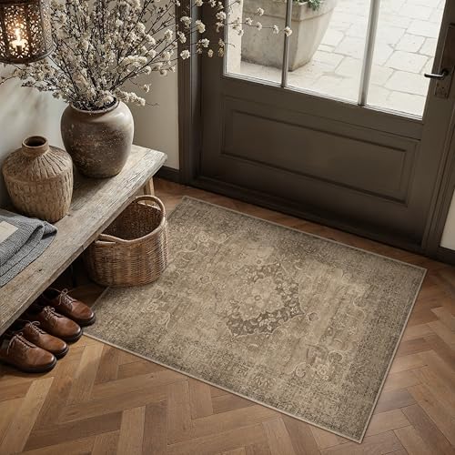 PureCozy Brown 2x3 Washable Entryway Indoor Rug Non-Slip Floral Vintage Distress Print Pattern Medallion for Living Room Thin Low Pile Soft Doormat for Kitchen Laundry Dining Room - color: Vintage 3丨brown, size: 2' x 3' (Rectangular)
