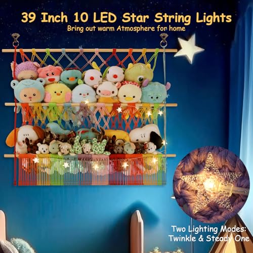 2 Tier Stuffed Animal Storage Shelf Net, 35x30'' Large Plushie Net w/ 2.4/1'' Dense Mesh for Mini Medium Stuffy Teddy, Rainbow Boho Macrame Toy Holder Display w/ Lights&Clips for Nursery Kid Girl Boy - color: Rainbow, size: Large-2 Tier-35x30 Inch