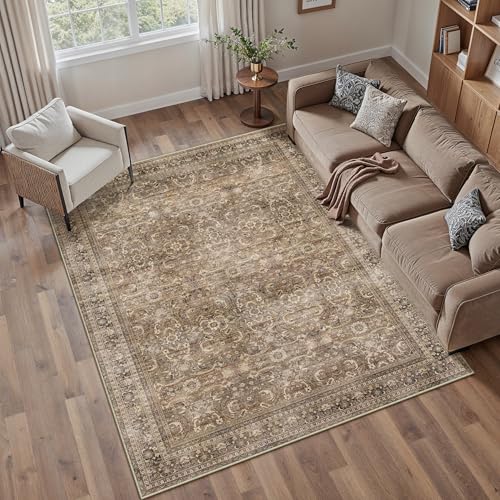 HUGEAR Area Rug 5x7 Vintage Brown Machine Washable Living Room Rugs Distressed Retro Floral Vacuumable Low Pile Carpet Bedroom Office Dining Room Laundry Room Non Slip Soft Lightweight - color: Retro | Brown, size: 5' x 7' (Rectangular)