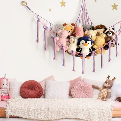 mirolam Large Stuffed Animal Hammock Corner Net for Toys Storage Hanging Stuff Animal Organizer Holder Pink Purle Girls Room Bedroom Boho Nursery Decor - color: Pink Purple, size: Standard(41.5"L x 55.2"W x 41.5"H)
