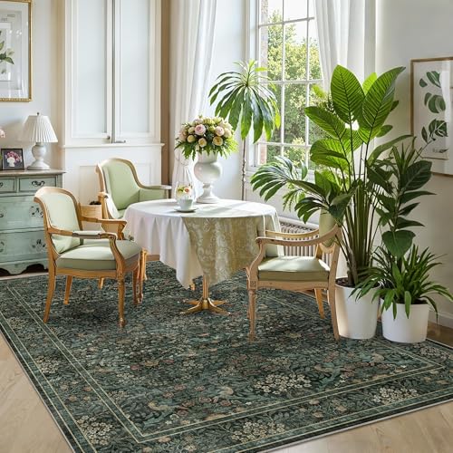 6x9 Floral Washable Area Rug for Living Room, Vintage Boho Large Rug for Bedroom Dining Room， Distressed Botanical Birds Non Slip Low Pile Forest Animal Throw Carpet for Farmhouse Office, Dark Green - color: Dark Green, size: 6' x 9' (Rectangular)
