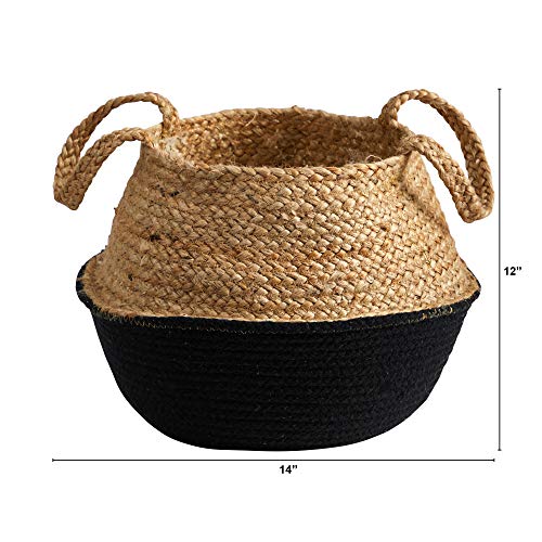 Nearly Natural 14in. Boho Chic Handmade Cotton & Jute Black Woven Basket Planter, Beige