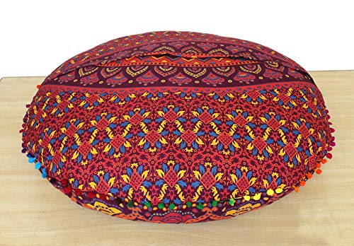 INDIAN CRAFT CASTLE New Orange Ombre 24" Mandala Barmeri Large Floor Pillow Cover Cushion Meditation Seating Ottoman Throw Cover Hippie Decorative Zipped Bohemian Pouf Ottoman Pom Pom Cases 24" Round - color: Orange Yellow, style: 24 Inch Round